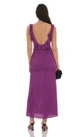 Satin V-Neck Open Back Maxi Dress in Purple